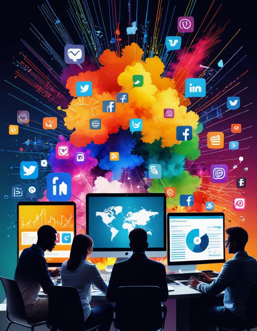 A digital collage showcasing various social media platforms surrounded by vibrant visual content, such as infographics, videos, and images. Include diverse people engaging with this content using laptops and smartphones. Employ bright colors and dynamic layouts to convey energy and interaction. The background should feature subtle graph patterns representing analytics and reach. modern graphic design, vibrant colors, 3D elements.