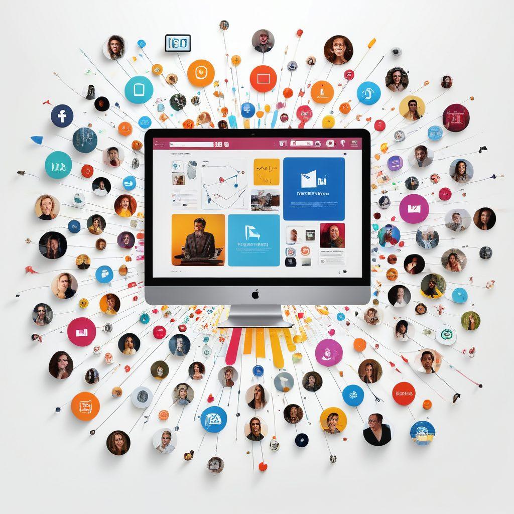 A captivating collage showcasing vibrant and engaging thumbnails from various media platforms, with eye-catching visuals of people interacting with screens, digital sharing icons, and a burst of colors representing creativity. Include elements symbolizing strategy and engagement, like arrows or charts. The background should be dynamic and filled with visual media symbols. super-realistic. vibrant colors. white background.